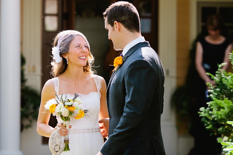 first look before an outdoor wedding in Walpole