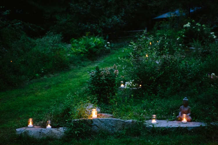 wedding detail of candles at a backyard wedding