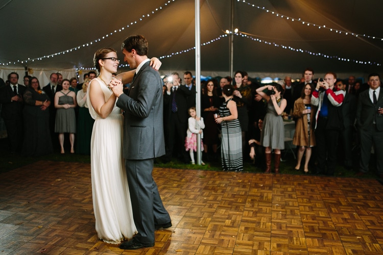 first dance under tent at backyard Berkshires wedding reception