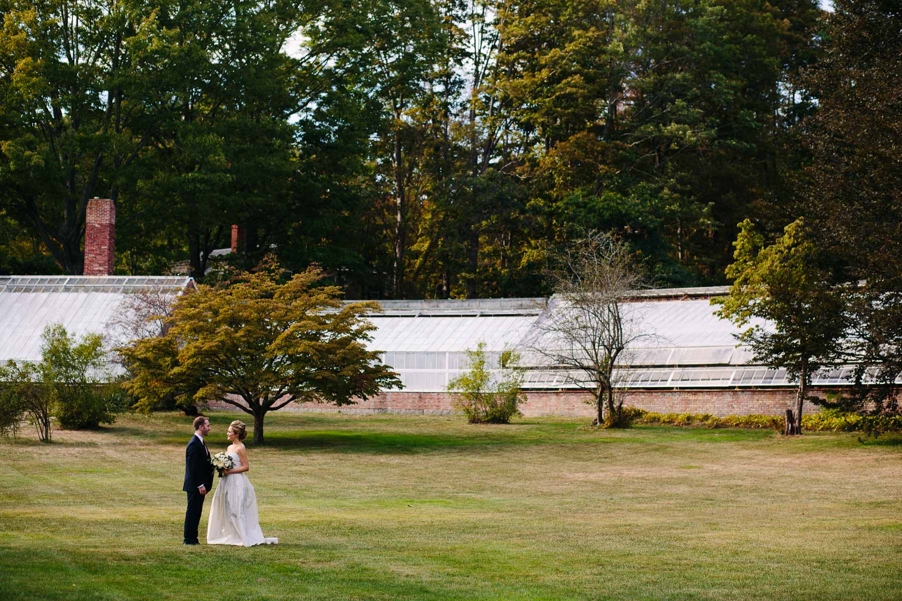 bride and groom on Lyman Estate lawn