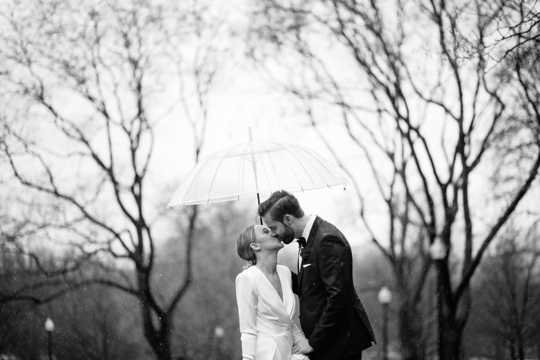 rainy wedding portraits in Boston Common