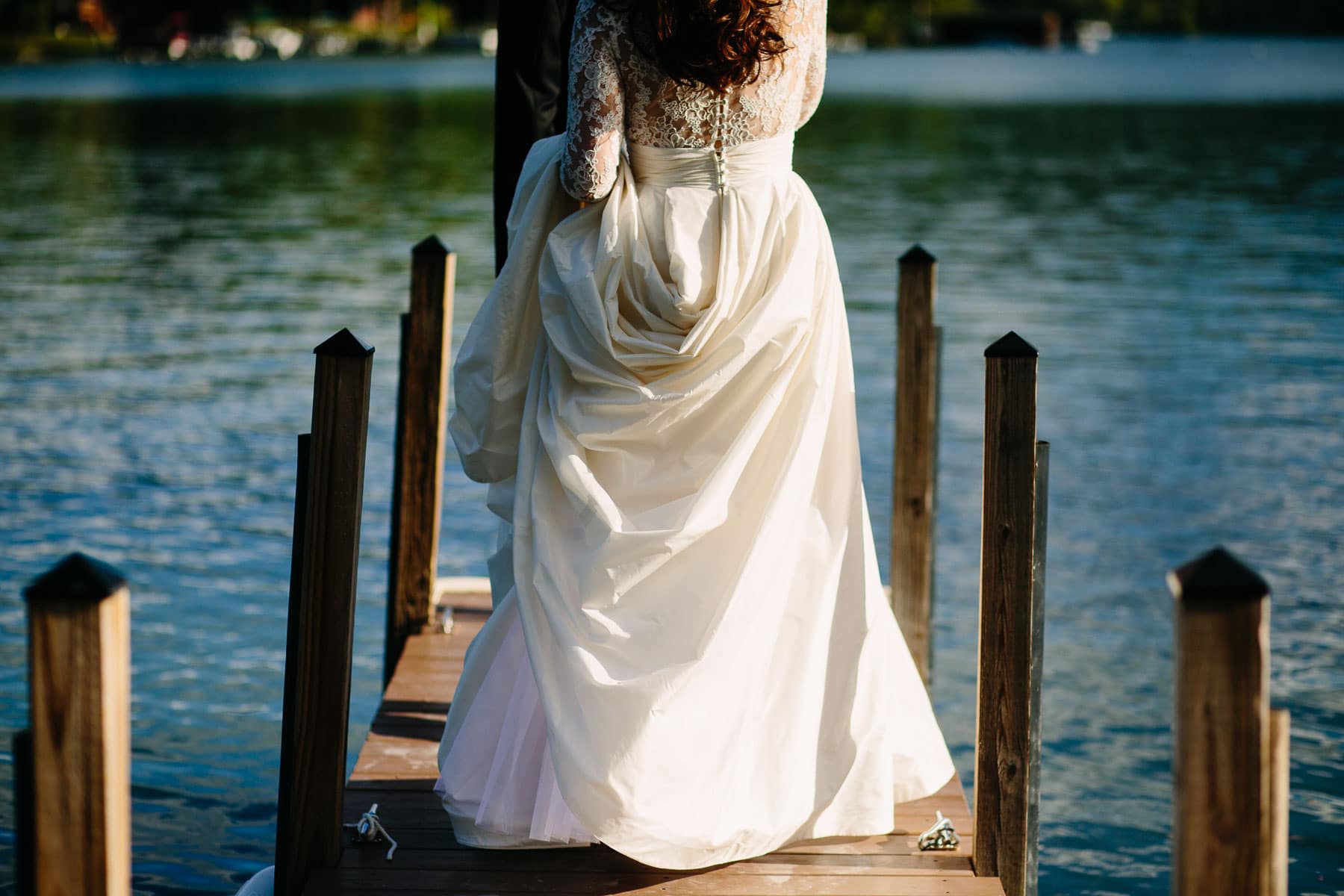 bride on a dock in the Adirondacks