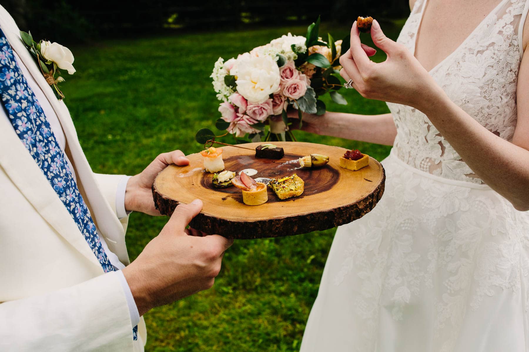 bride and groom enjoy appetizers