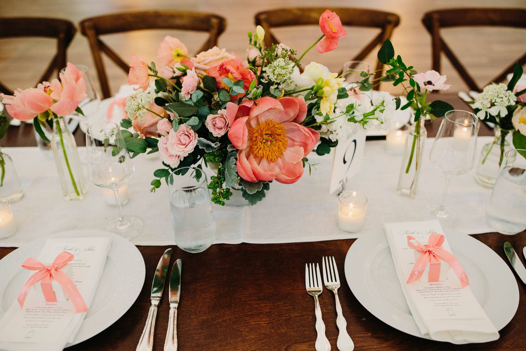 table details and flowers at an elegant backyard Connecticut wedding