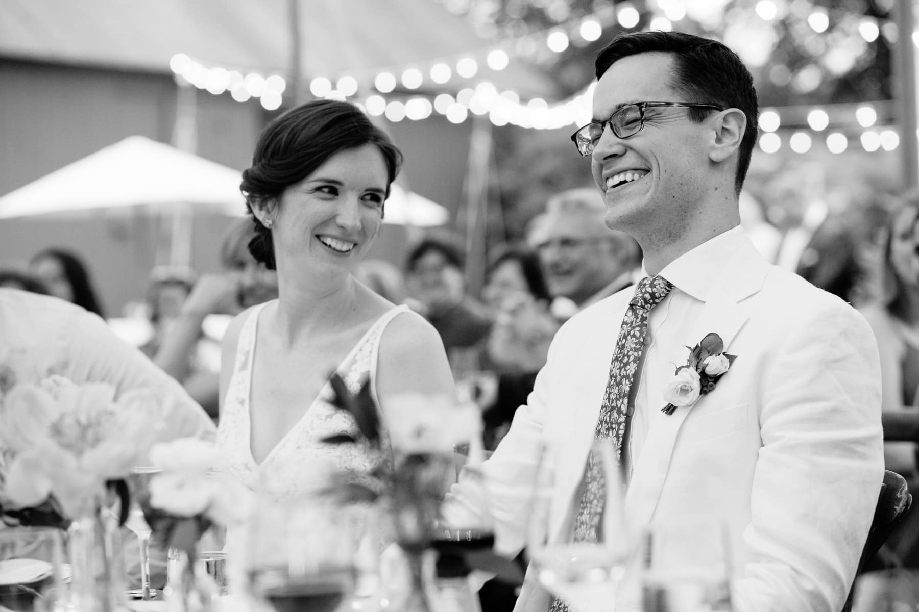 groom and bride react to toast, elegant backyard wedding, Kent, Connecticut