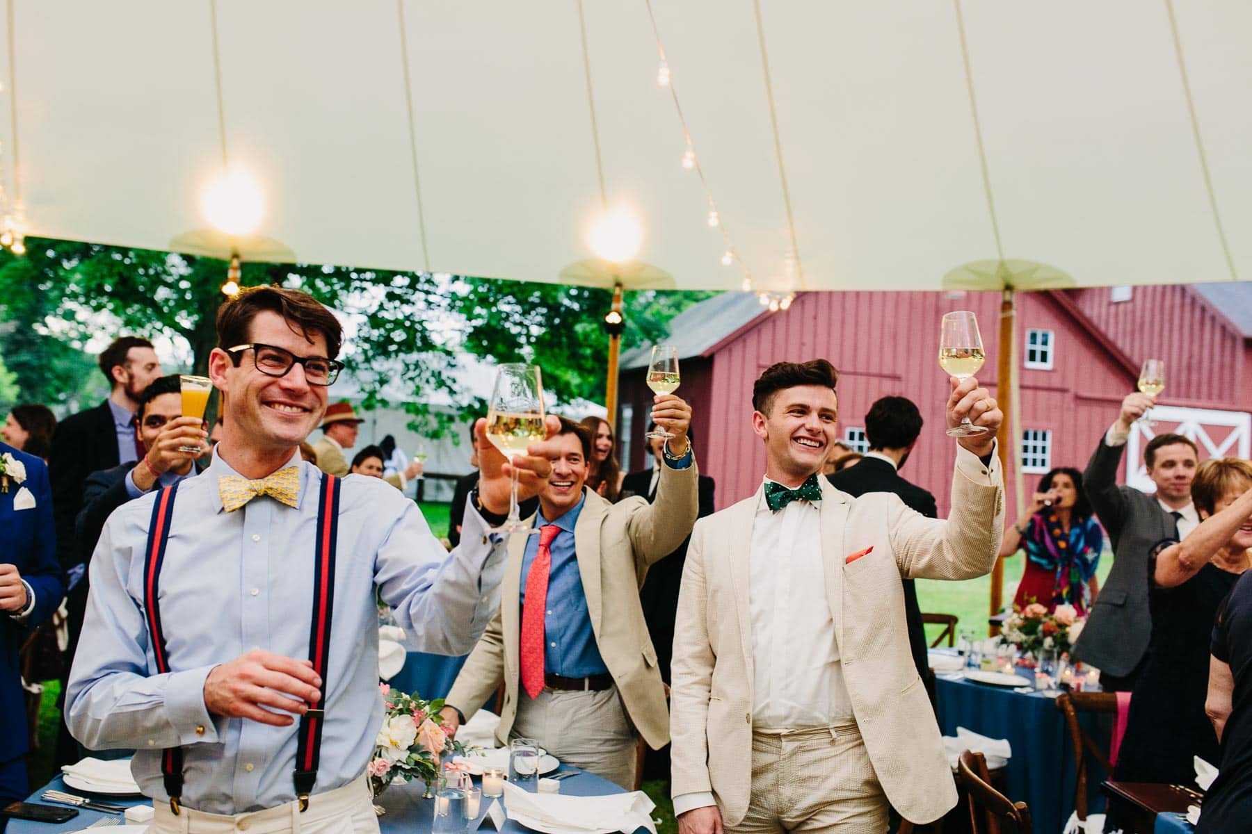guests raise their glasses to toast the couple, elegant backyard wedding in Kent, Connecticut