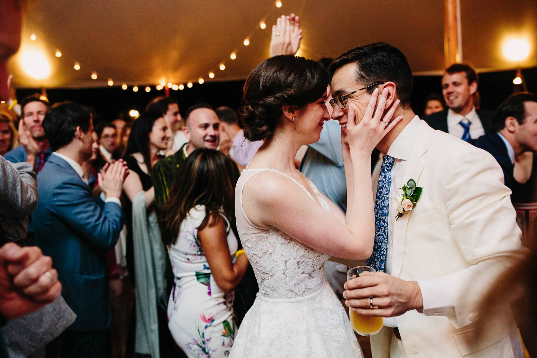 bride and groom share a tender moment on the dance floor, elegant backyard wedding Kent Connecticut