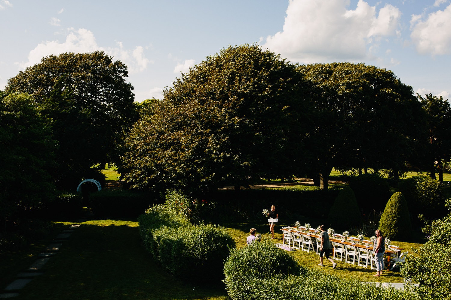 overhead view of backyard wedding reception in Massachusetts
