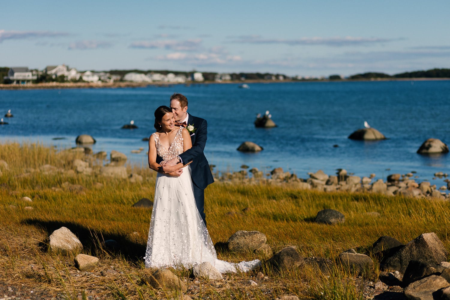 portrait of a bride and groom at Ned's Point in Mattapoisett